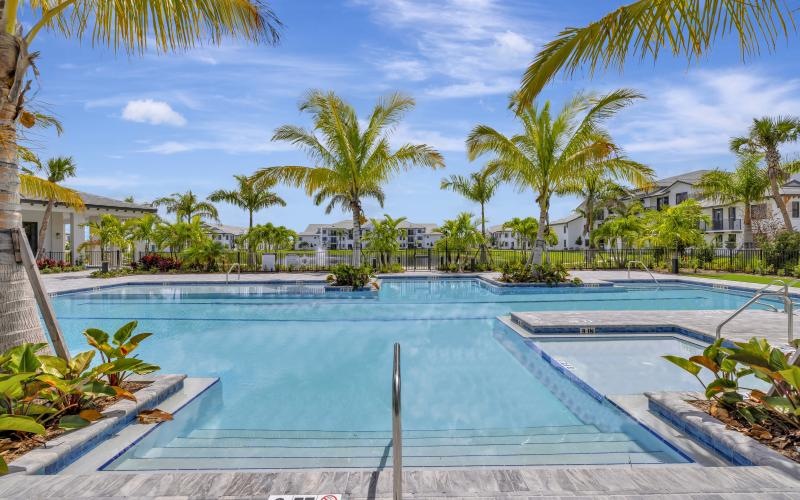 a pool with palm trees and buildings