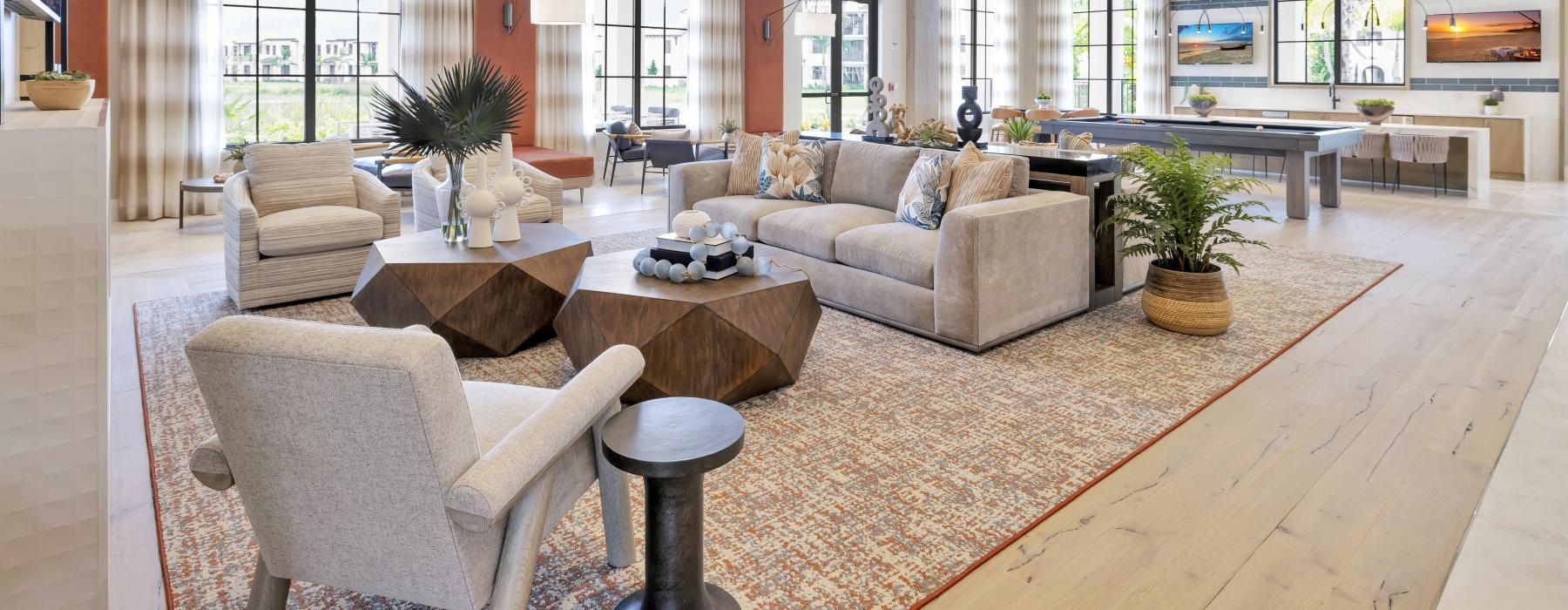 spacious clubhouse with ample lighting throughout